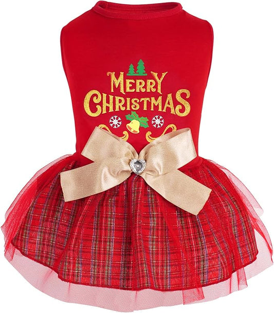 cyeollo Christmas Dog Dress Holiday Theme Plaid Dog Dresses for Small Dogs Doggie Bowtie Girl Puppy Clothes Cat Apparel