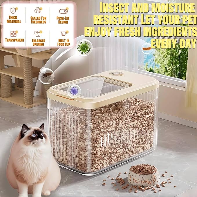 Dog Food Storage Container,2025 High-Capacity Pet Food Container Airtight with Cup,Durable Design for Dog/Cat/Bird Food Storage, Keep Dry Food Fresh (Beige, 9 Pounds)