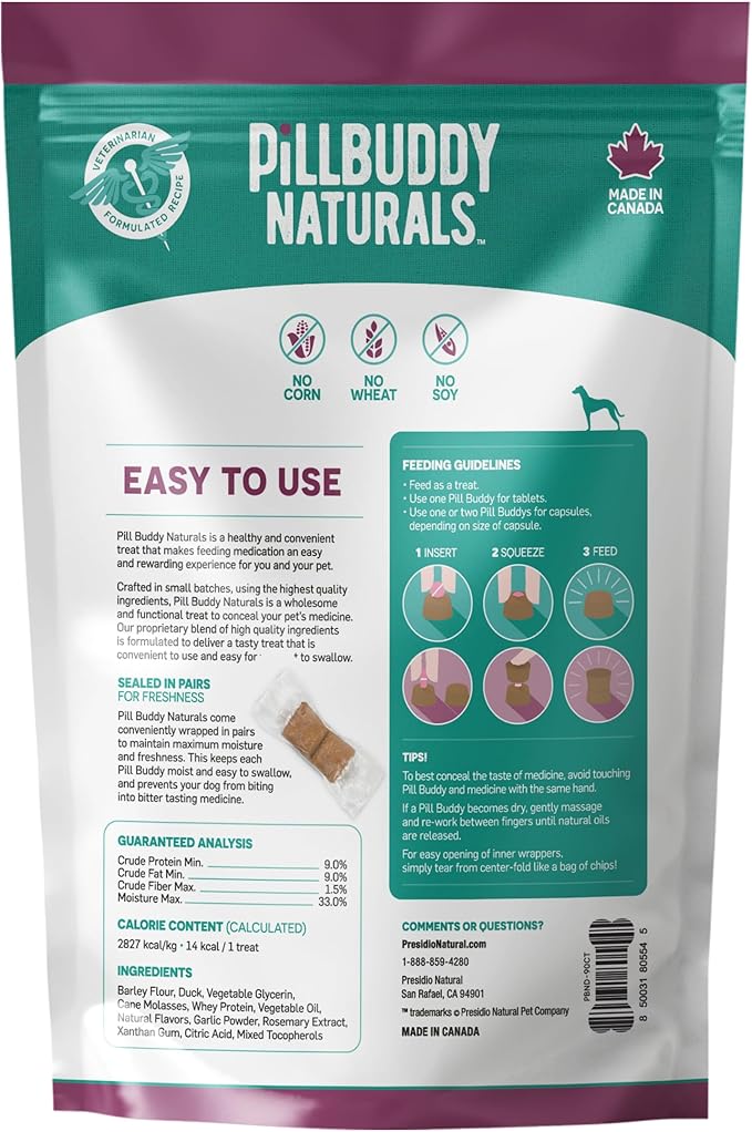 Presidio Pill Buddy Naturals - Duck (Chicken-Free) Hiding Treats for Dogs - Pocket for Any Size Medication - 90 Servings