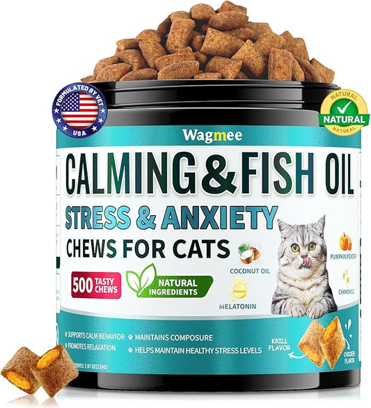 Wagmee Cat Calming Treats - 500 Tasty Cat Chews with Melatonin, Coconut Oil, Chamomile for Cat Stress and Anxiety Relief - Ideal for Travel, Storms and Indoor Care Krill Flavor 7.97 OZ