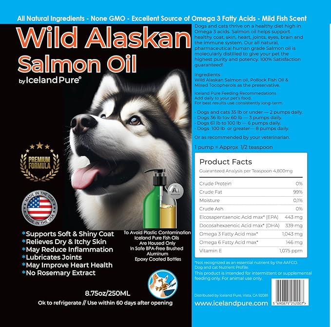 Wild Alaskan Salmon Oil for Dogs and Cats by Iceland Pure | 1,043 mg of Omega-3 per Teaspoon | Salmon Oil & Pollock Blend | BPA-Free Brushed Aluminum Epoxy Coated Bottle with Pump - 8.75 oz