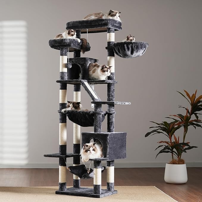 Heybly Cat Tree, 71-Inch-Tall Tower for Indoor Cats with 2 Perches, 2 Big Condos, 2 Hammocks, Basket, Scratching Pad, Large Cat Furniture and Condo, Smoky Gray HCT034G