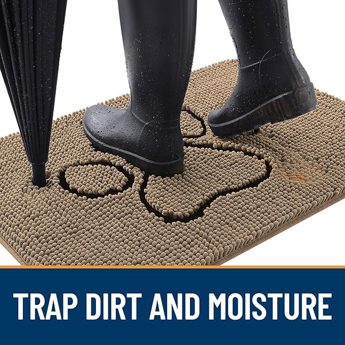 OLANLY Dog Door Mat for Muddy Paws 70x46, Paw Print Design, Absorbs Moisture and Dirt, Absorbent Non-Slip Washable Doormat, Quick Dry Chenille Mud Mat for Dogs, Entry Indoor Entryway Carpet, Tan