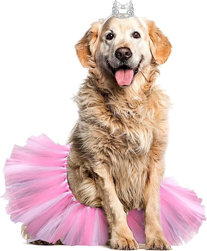 2 Pcs Dog Crown Headband Dog Tutu Dress Set Crystal Rhinestone Tiara Crown Tutu Skirt Pet Dress Costume for Puppy Birthday Party Wedding Photo Prop Costume(X-Large,Rose Red, White)