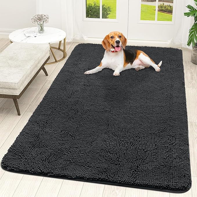 OLANLY Dog Door Mat for Muddy Paws 59x35, Absorbs Moisture and Dirt, Absorbent Non-Slip Washable Doormat, Quick Dry Chenille Mud Mat for Dogs, Entry Indoor Entryway Carpet for Inside Floor, Dark Grey