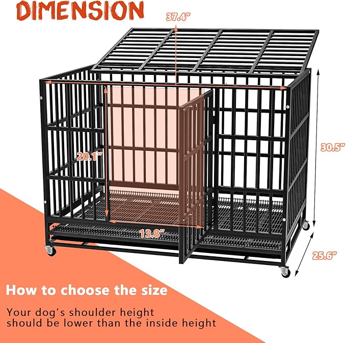 LEMBERI 48/38 inch Heavy Duty Indestructible Dog Crate, Escape Proof Dog Cage Kennel with Lockable Wheels,High Anxiety Double Door Dog Crate,Extra Large Crate Indoor for Large Dog with Removable Tray