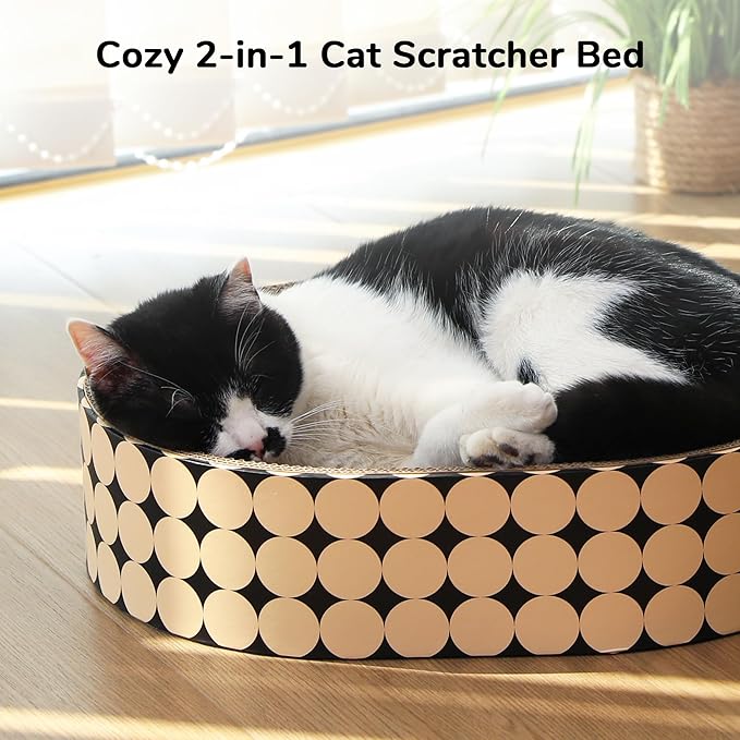FUKUMARU Cat Scratcher Cardboard Lounge Bed, 2-in-1 Cat Scratch Pad, Oval Cats Scratching Board Indoor, Durable Modern Kitty Scratcher Bowl, Cats Scratch Furniture Protector, Polka Dot