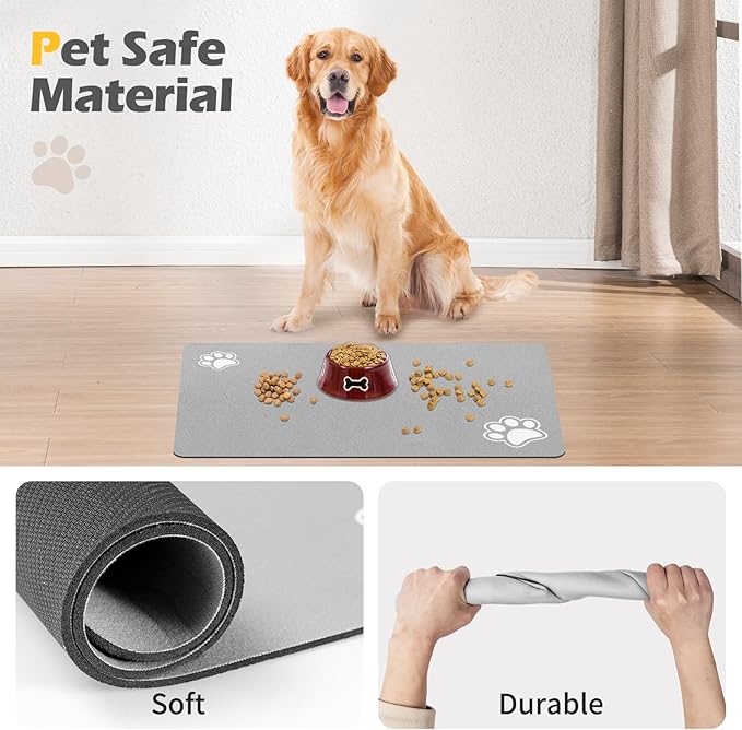 Pet Feeding Mat-Absorbent Dog Mat for Food and Water Bowl-Accessories Pet Supplies-Bowl for Messy Drinkers-No Stains Quick Dry Dog Water Dispenser Mat (16"x24", Light Grey)