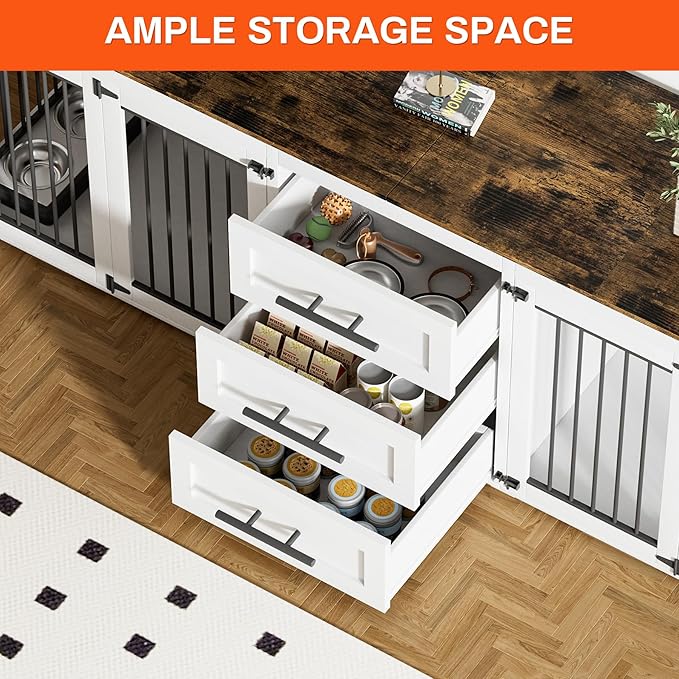 Rophefx 94.5" Dog Crate Furniture for 2 Dogs, Large Dog Kennel Furniture with 3 Storage Drawer, Wooden Dog Cage with 4 Bowls, Indoor Dog House TV Stand with Locks for Large Medium Dog, White Brown