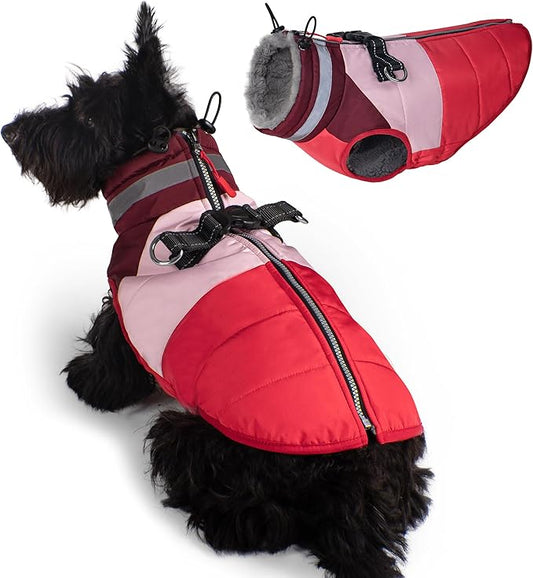azuza Dog Jacket for Small Dogs Waterproof Dog Coat with Reflective Strips and Harness Built in Warm Fleece Dogs Winter Coat Windproof with Back Zipper, Red M