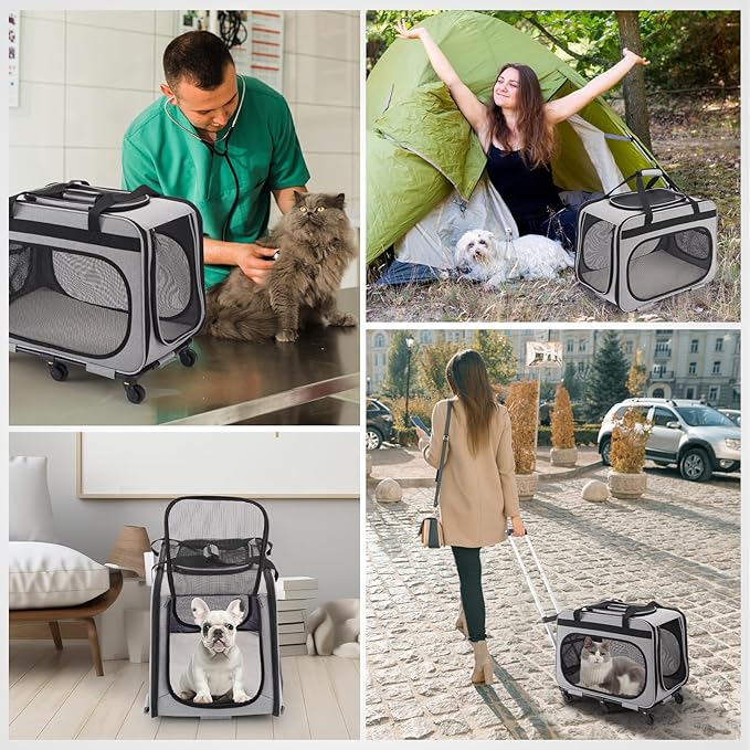 Extra Large Pet Carrier with Wheels for Small Dogs and All-Breed Cats, Cat Rolling Carrier for up to 4 Cats, Support up to 40 Lbs, Grey