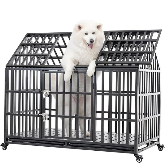 52/48/44 Inch Heavy Duty Dog Crate Indestructible and Escape-Proof Dog Cage Kennel for Large Medium Dogs Extra Large XL XXL with Lockable Wheels Removable Tray Double Door Black
