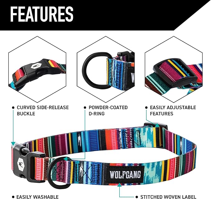 Wolfgang Heavy Duty Martingale Dog Collar with Quick Release Nylon Buckle for Walking & Training, Quetzal Print, Large