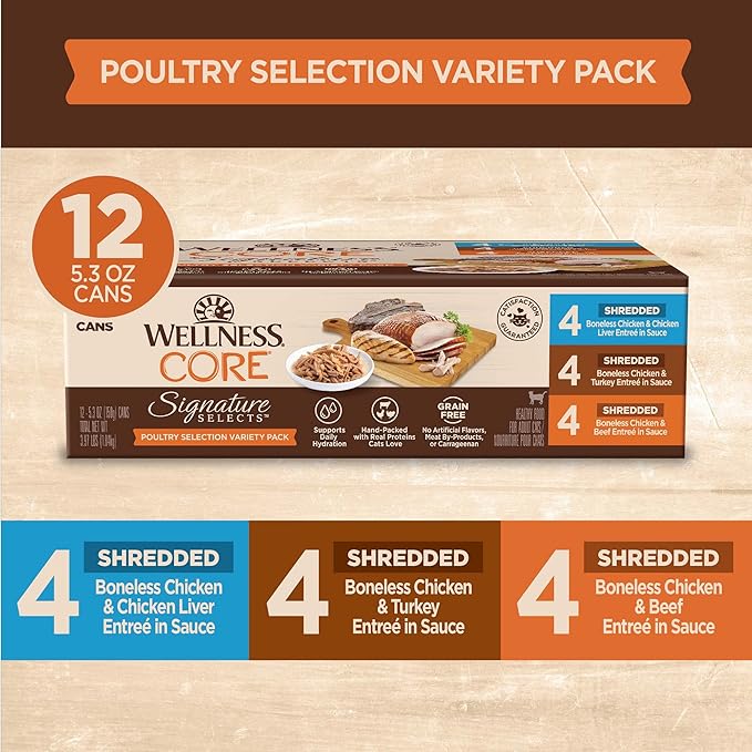 Wellness CORE Signature Selects Shredded Adult Wet Cat Food, Natural, Protein-Rich, Grain Free, 5.3 Ounce, 12 Pack (Poultry Variety Pack)