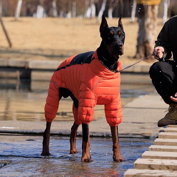 Lovelonglong Dog Coat Dog Warm Jacket, 4 Legs Covered Waterproof Windproof Reflective Warm Dog Vest, Zippered Adjustable Outdoor Dog Snow Jacket for Small Medium Large Dogs Orange XXXXL