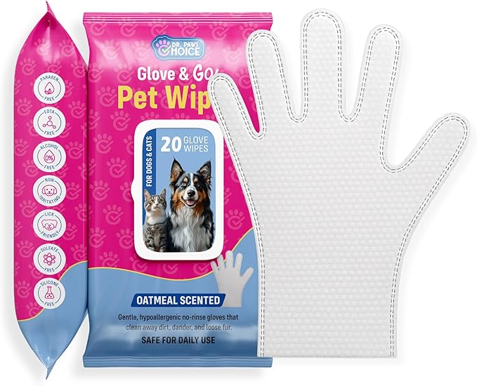 Dr. Paws Glove & Go Grooming Wipes for Dogs & Cats - Paraben Free, Alcohol Free, Lick-Safe, Hypoallergenic, Oatmeal Scented Dog Wipes for Paws and Butt, Puppy Wipes (20 Count)