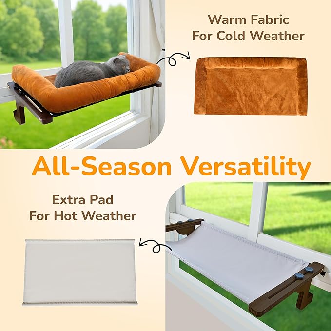 45LBS Capacity Cat Window Perch with Bolster, Hammock Seat with Plywood & Metal Frame, Cat Window Bed for Indoor Cats & Kitten, Extra Cood Pad (Walnut Wood & Brown Cushion, 24.8''W x 9.4''H)