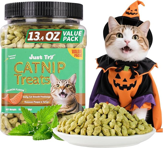 Just Try 13.4 OZ Crunchy Cat Treats Catnip Treats for Cats with Digestive Support, Natural Ingredients Kitten Treats with Real Salmon, Healthy Feline Snacks Training Biscuits Dental Care