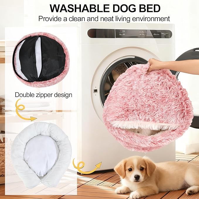 Calming Bean Mush Beds & Cat Cave with Hooded Cover, Removable Washable Round Beds for Small and Medium Pets, Anti-Slip Faux Fur, Fits Up to 15/25 lbs