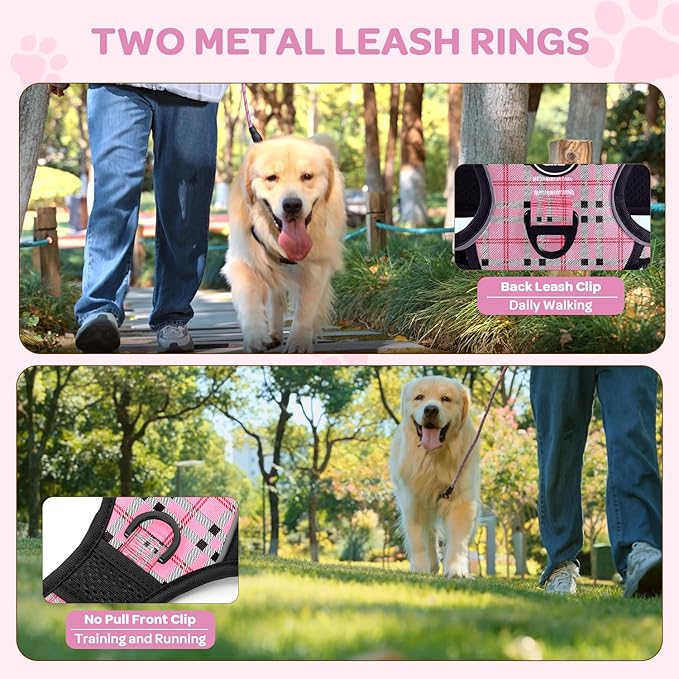 FURRYFECTION Plaid Dog Harness for Small Dogs | No Pull Reflective Pet Harness | No Choke Adjustable Dog Vest Harnesses | with Leash | Easy Control Handle | Front Lead | Seat Belt | Pink&Black| S