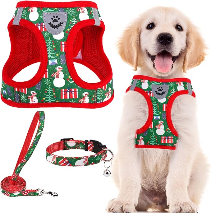 PUPTECK Adjustable Dog Harness Collar and Leash Set Step in No Pull Pet Harness for Small Medium Dogs Puppy and Cats Outdoor Walking Running, Christmas, XXS