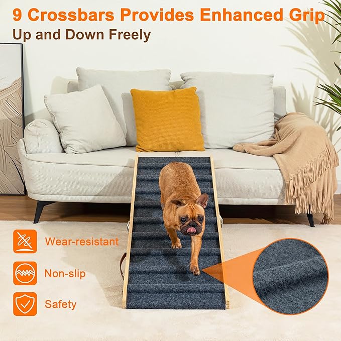 Clikuutory 2025 Upgraded Dog Ramp for Couch, 51.2" Foldable Small Dog Ramp for Bed, 5 Adjustable Height from 14" to 28", Portable Stable Pet Steps with Anti-Slip Carpet for Low Bed Couch Stairs, Wood