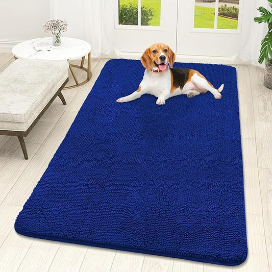 OLANLY Dog Door Mat for Muddy Paws 59x32, Absorbs Moisture and Dirt, Absorbent Non-Slip Washable Doormat, Quick Dry Chenille Mud Mat for Dogs, Entry Indoor Entryway Carpet for Inside Floor, Royal Blue