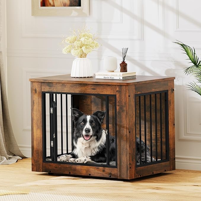 YITAHOME 32.5" L Dog Crate Furniture for Medium Dogs, 2-in-1 Iron-Wood Fusion Dog cage Indoor up to 40 lb, Side End Table, Modern Dogs Kennel with Waterproof Top, Safety Corners,Steel Lock,Rustic