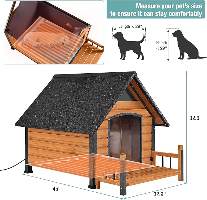 Insulated Dog House with Heating Pad, Weatherproof Outdoor Kennel for Large Dogs, Chew-Resistant Iron Frame & Asphalt Roof (Wood-H, L)