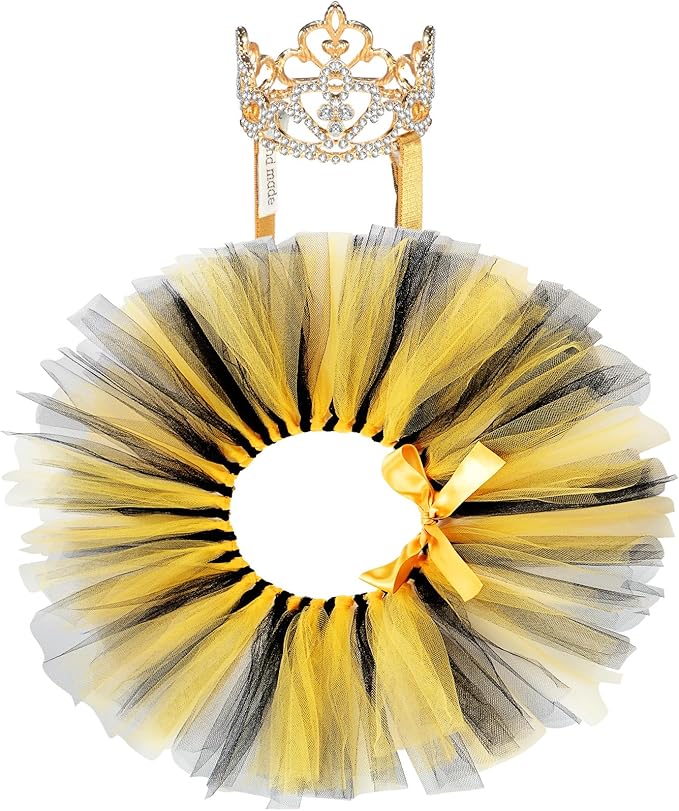 2 Pcs Dog Crown Headband Dog Tutu Dress Set Crystal Rhinestone Tiara Crown Tutu Skirt Pet Dress Costume for Puppy Birthday Party Wedding Photo Prop Costume(Black Gold,Large)