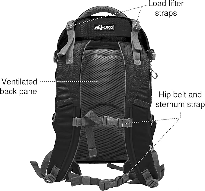 Kurgo G-Train Dog Carrier Backpack - Comfortable Travel Bag for Pets Up to 25 lbs - Waterproof Bottom - Multi-Compartment Pack - Dog Hiking Gear - Rugged Adventure Backpack - Black