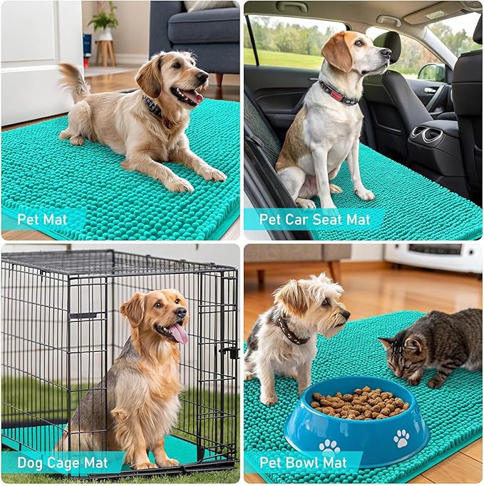 OLANLY Dog Door Mat for Muddy Paws 30x20, Absorbs Moisture and Dirt, Absorbent Non-Slip Washable Doormat, Quick Dry Chenille Mud Mat for Dogs, Entry Indoor Entryway Carpet for Inside Floor, Teal