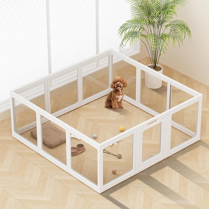 Clear Acrylic Dog Playpen Indoor, Puppy Cat Small Pet Play Pen, Pet Cat Foldable Playpen for Rabbits, Dog Fence Crate Kennel Whelping Cage (White, 12 Panel)