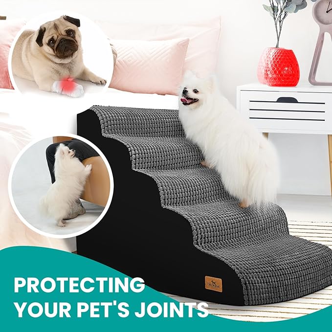 5-Step Dog Stairs for High Beds and Couch, Foam Ramp with Durable Non-Slip Waterproof Fabric Cover, Grey Pet Stairs for Small Dogs' Joints
