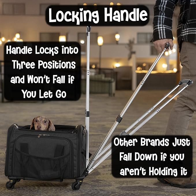 Pet Carrier with Wheels | Delta American Frontier Airline Approved | Two Expandable Sides, Storage Pockets Adjustable Leash | Rolling Dog and Cat Carrier TSA Compliant (Black 17x12.5x11)