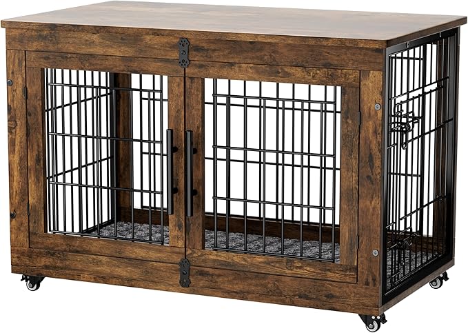 Dog Crate Furniture with Cushion Set of 2, Large Wooden Dog Kennel Indoor with Double Doors, Dog Cage with Wheels, Dog House Side End Table for Large Medium Dogs up to 70 lb, 38.5” L, Rustic Brown