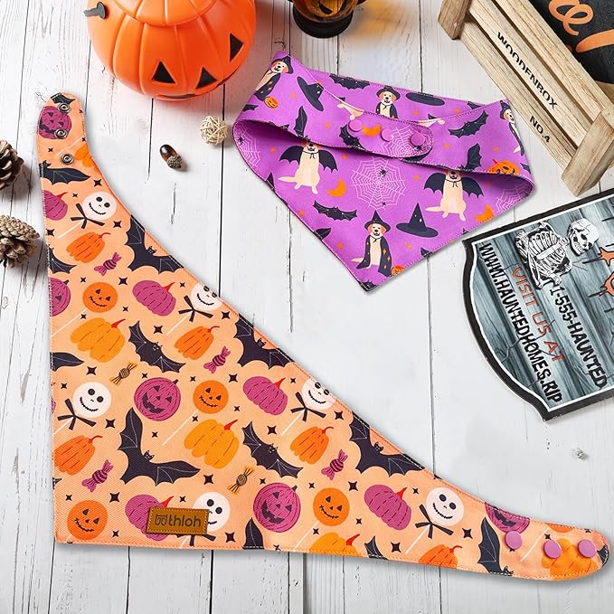 Halloween Dog Bandanas - 2 Pack Purple Dog Bandana with Snap Button | Reversible Pet Scarf for Boy & Girl | Premium Durable Fabric | Holiday Bandana for Large and Extra Large Dogs (X-Large)