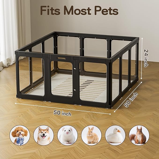 Jalove Clear Acrylic Dog Playpen Indoor, 12 PCS Plastic Puppy Playpen with Door, Cat Rabbit Ferret Pet Play Pen, Easy Assemble Dog Fence Crate Kennel Whelping Cage Enclosure for Small Dogs, Black