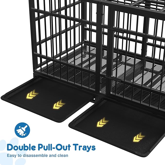 48 Inch Heavy Duty Dog Crate for Large Dogs Indestructible Dog Cage XL High Anxiety Kennel with Wheels Impact Escape-Proof Dogs Crate Indoor with Locks and 2 Removable Trays