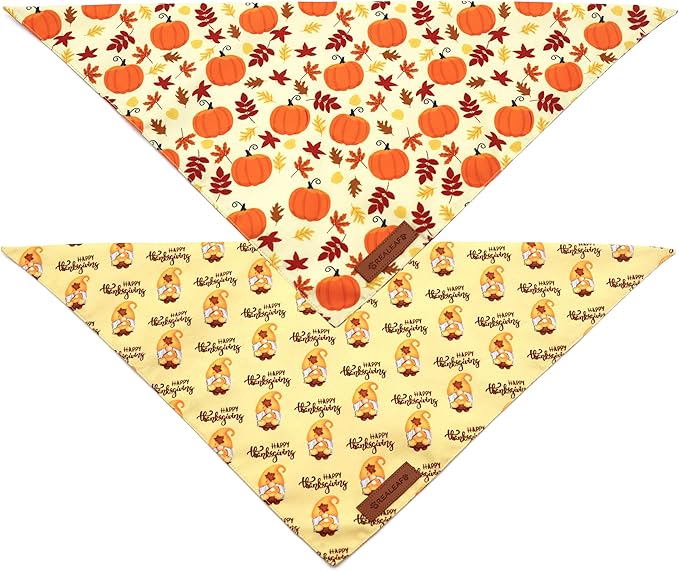 Realeaf Thanksgiving Dog Bandanas 2 Pack, Pumpkins and Happy Thanksgiving Pet Scarf for Boy and Girl, Premium Durable Fabric, Reversible Holiday Bandana for Medium and Large Dogs Pets (Large)
