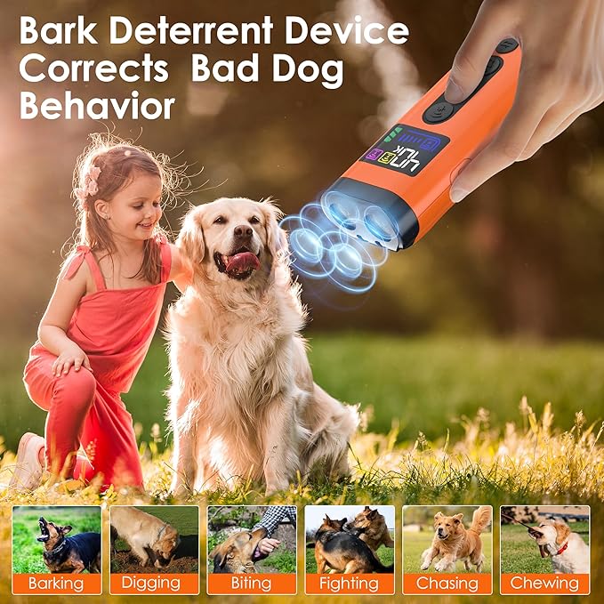 Dog Bark Deterrent Device, 65 FT Range,3X Ultrasonic Bark Deterrent Device & Ultrasonic Dog Trainer - Anti-Barking Device with Color Display, Safe & Effective Alternative to Bark Collars - Orange