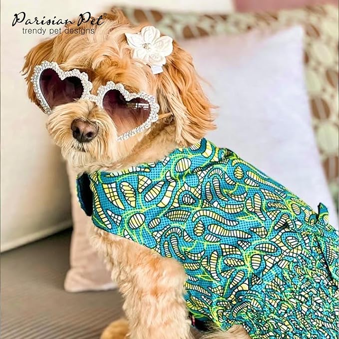 Parisian Pet Tribal Leaves Summer Dress - Ruched Waist Dog Beach Outfit - Lightweight Puppy Dress - Girl XL