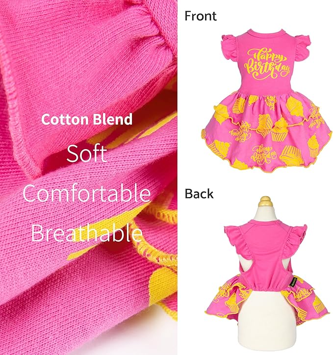 Fitwarm Happy Birthday Dog Tiered Dress, Dog Clothes for Small Dogs Girl, Pet Birthday Outfit, Doggy Apparel, Yellow, Rose Pink, XXS
