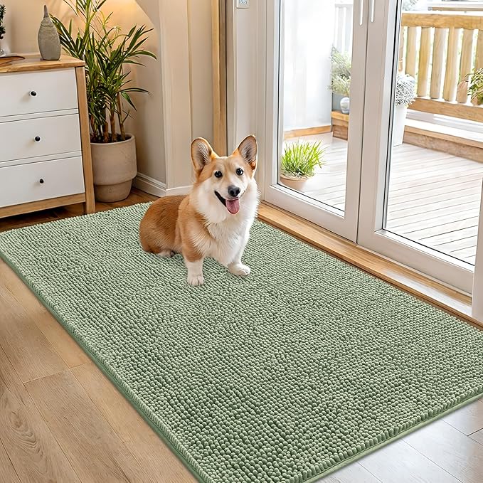 OLANLY Dog Door Mat for Muddy Paws 54x32, Absorbs Moisture and Dirt, Absorbent Non-Slip Washable Doormat, Quick Dry Chenille Mud Mat for Dogs, Entry Indoor Entryway Carpet for Inside Floor, Sage Green