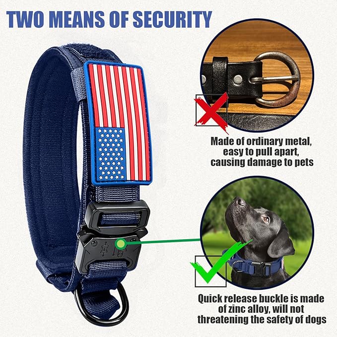 Tactical Military Collar - Adjustable Nylon, Heavy Duty Metal Buckle with Handle for Dog Training, with Patches (Blue, XL)