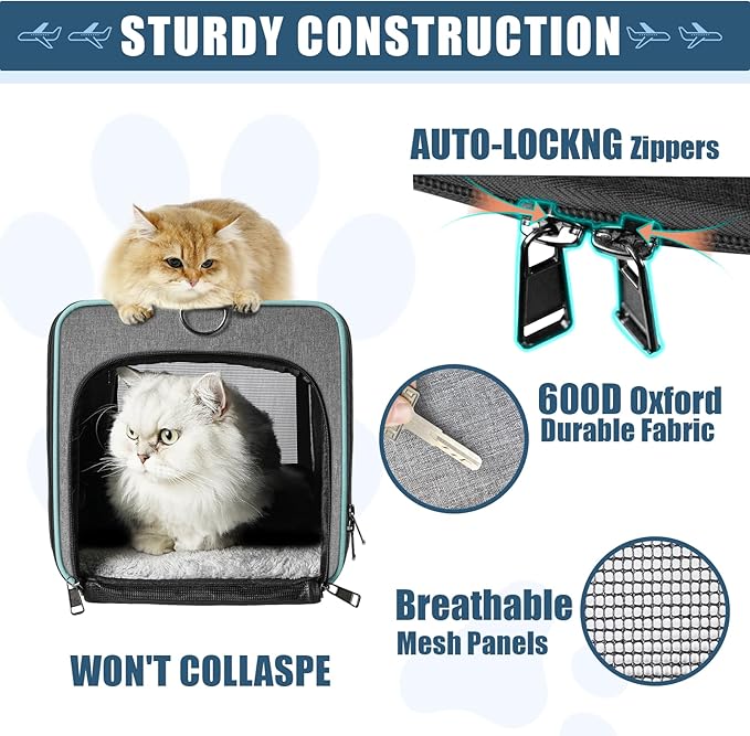 Cat Carrier Alaska Airline TSA Approved 17x11x9.5 Soft-Sided Small Pet Air Travel Carry Bag, Southwest Airplane Kitten 12lbs Crate in Cabin Under-Seat Traveling Cage Tiny Dog Under 8 Pound