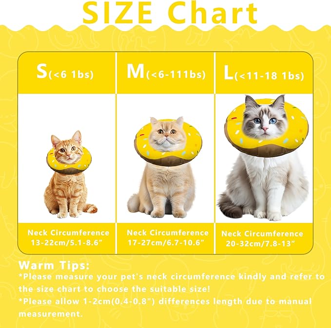 Cat Cone Collar Soft, Adjustable Cat Recovery Collar Kitten Cones to Stop Licking, Cute Donut E Collar After Surgery, Cats Neck Pillow Cone Elizabethan Cones of Shame (Waterproof Yellow, Large)