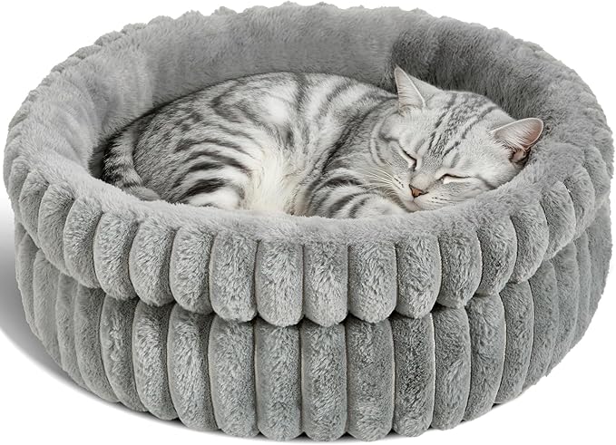 Cat Bed Kitten Bed, Washable Round Cat Beds for Indoor Cats, Super Soft Plush Faux Fur Pet Bed for Puppy and Kitten with Anti-Slip Bottom Small
