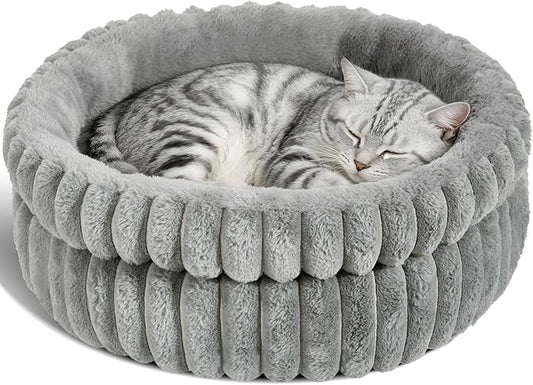 Cat Bed Kitten Bed, Washable Round Cat Beds for Indoor Cats, Super Soft Plush Faux Fur Pet Bed for Puppy and Kitten with Anti-Slip Bottom Small