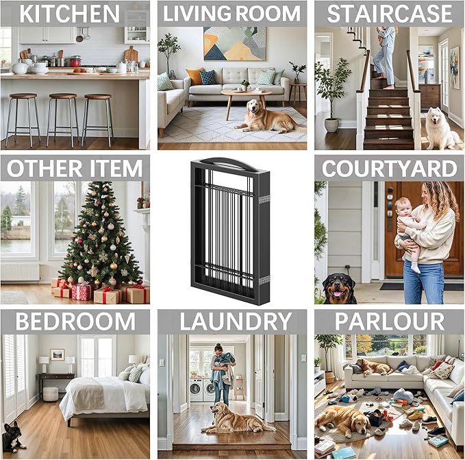 Vantas Folding Pet Gate 144" Wide, 30" Tall No-Assembly Metal Dog Gate, Freestanding Wire Pet Gate, Pet Puppy Safety Fence, Extra Wide with 2PCS Support - Black